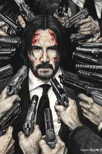 Pop culture art of John Wick with guns pointed at face by icanvas artist Inked Ikons