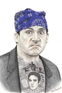 Pop culture art of Michael Scott as Prison mike with blue bandana and tattooed chest by icanvas artist Inked Ikons