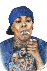 Portrait of Smokey from Boyz n the Hood smoking two cigarettes with tattoos on chest by icanvas artist Inked Ikons