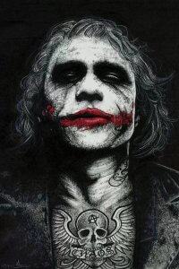 Ink art of Heath Ledger as the Joker with tattoo on chest by icanvas artist Inked Ikons