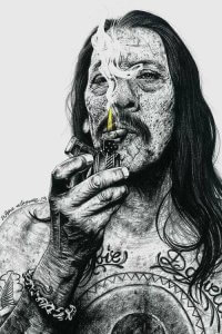 Ink art of Danny Trejo with tattoos lighting a cigarette by icanvas artist Inked Ikons