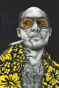 Pop culture art of Hunter S Thompson in Hawaiian shirt with tattoos, aviators and cigarette by icanvas artist Inked ikons