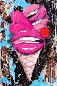 Optical illusion art of lips and tongue on top of ice cream cone by icanvas artist Iness Kaplun