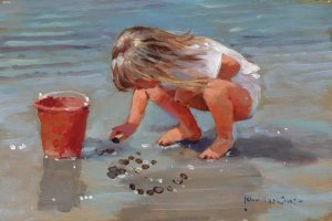day at the beach art of little girl writing name in sand by icanvas artist John Haskins