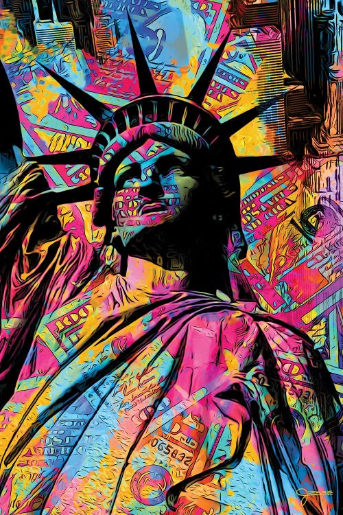 Wall art of statue of liberty covered in neon colors and cash by new creator Jesse Johnson