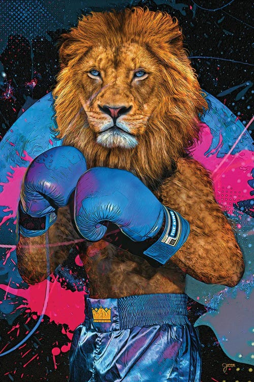 Wall art of a lion wearing blue boxing gloves against blue and pink abstract background by new icanvas artist Jesse Johnson