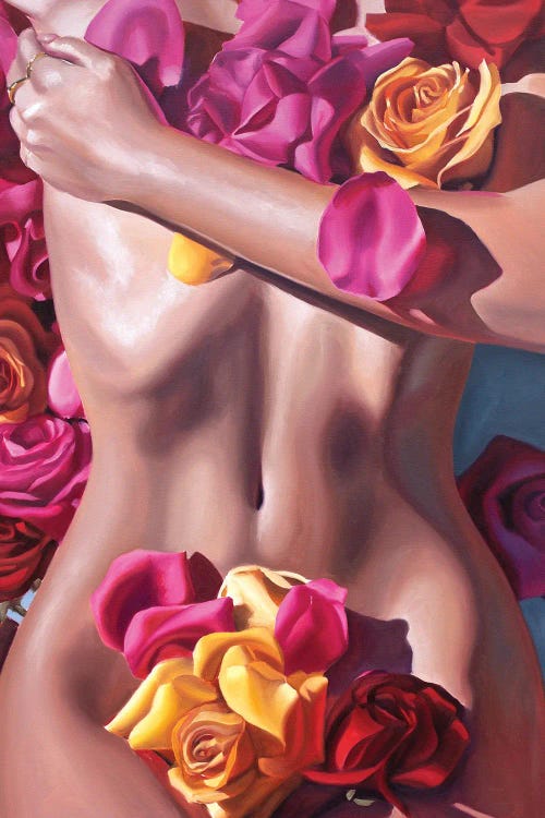 Wall art of womans stomach with areas covered by pink and yellow florals by new creator julia ryan