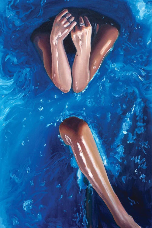 Wall art of woman in blue water by new icanvas creator Julia Ryan