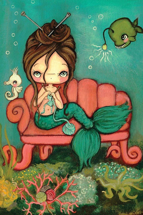 wall art of mermaid on red chair by new icanvas creator kelly ann kost