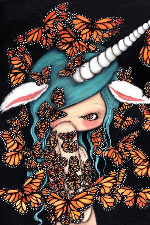 Wall art of girl with unicorn horn, blue hair and surrounded by butterflies by new icanvas artist kelly ann kost