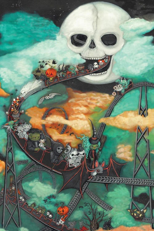 wall art of creatures on a rollercoaster coming out of skulls mouth by new creator Kelly Ann Kost