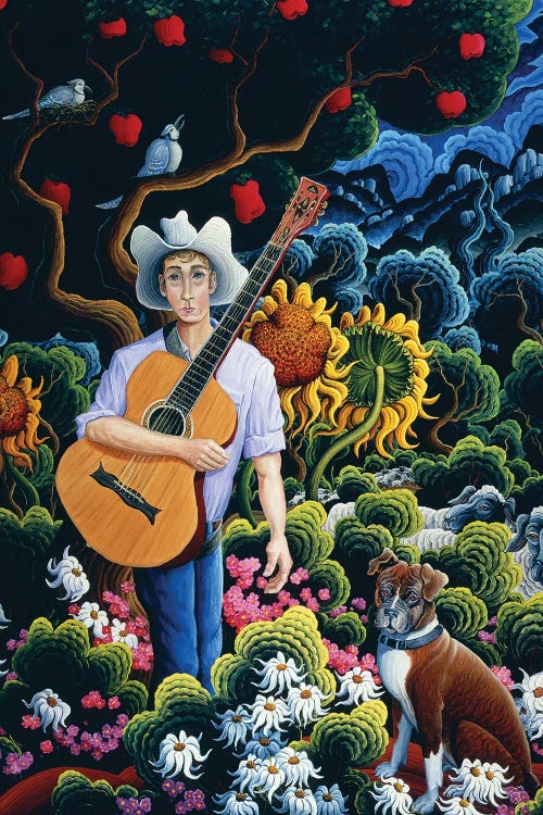 Southwestern painting of cowboy with guitar by new icanvas creator Kim Williams Douglas
