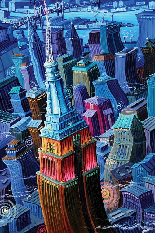 Colorful warped painting of NYC Empire State Building by new creator Kim Williams Douglas 