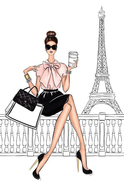 fashion illustration of a brunette woman sitting by Eiffel tower with coffee by new icanvas creator LaLana Arts