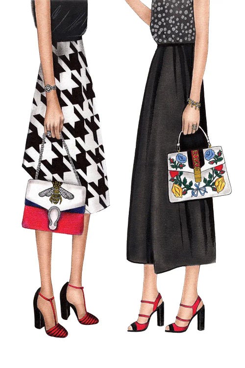 fashion illustration of bottom half of two women in skirts and heels by new icanvas creator LaLana Arts