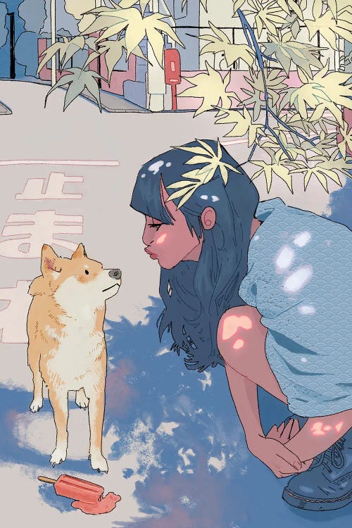 Wall art of girl with blue hair kissing shiba inu by new creator Lucy Michelle