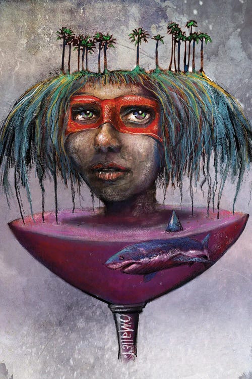 Fantasy art of woman with palm trees in hair and shark below her by new creator Leith O'Malley