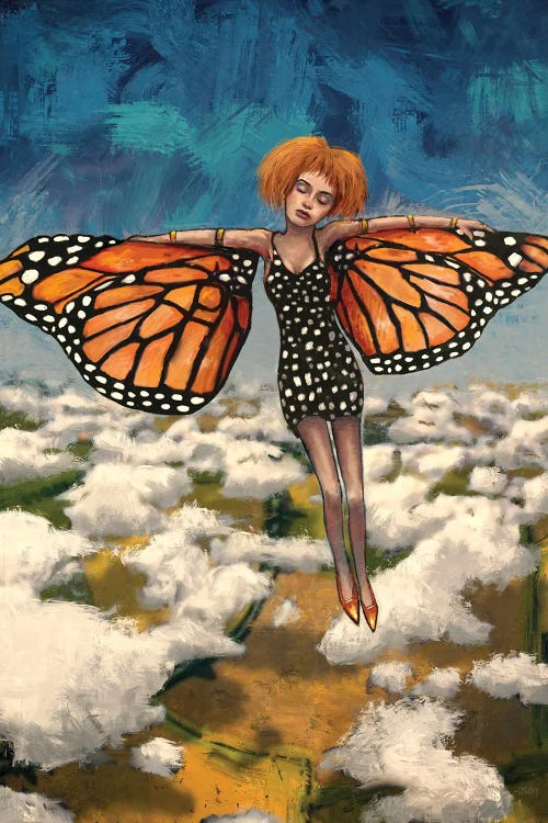 Fantasy art of woman above clouds with butterfly wings by new icanvas artist Leith O'Malley