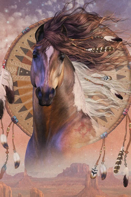 wall art of brown horse with feathers in hair in front of tribal imagery by new creator Laurie Prindle