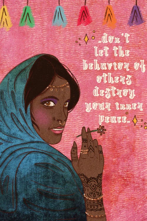 Wall art of dark skinned woman behind words "dont let the behavior of others destory your inner peace" by new artist Olivia Burki