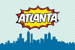 Atlanta art with pop art dots and &quot;Atlanta&quot; in yellow burst above blue skyline by icanvas artist Octavian Mielu