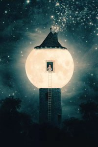 Moon wall art of full moon as part of a tower with woman in window by icanvas artist Paula Belle Flores