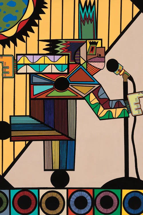 Cubism wall art featuring colorful shapes making up a figure in front of microphone by new icanvas creator Ruchell Alexander