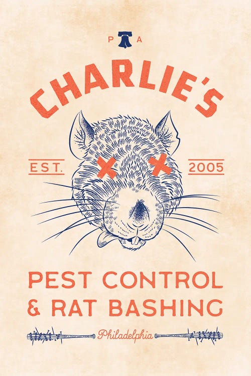 Poster of Charlie's pest control with rat on it by new icanvas artist Ross Coskrey