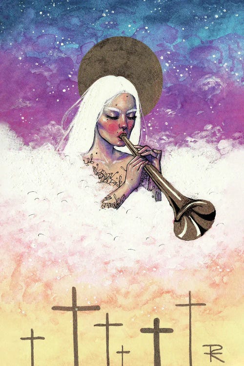 Wall art of woman with white hair in sky playing a horn by new icanvas artist Rose