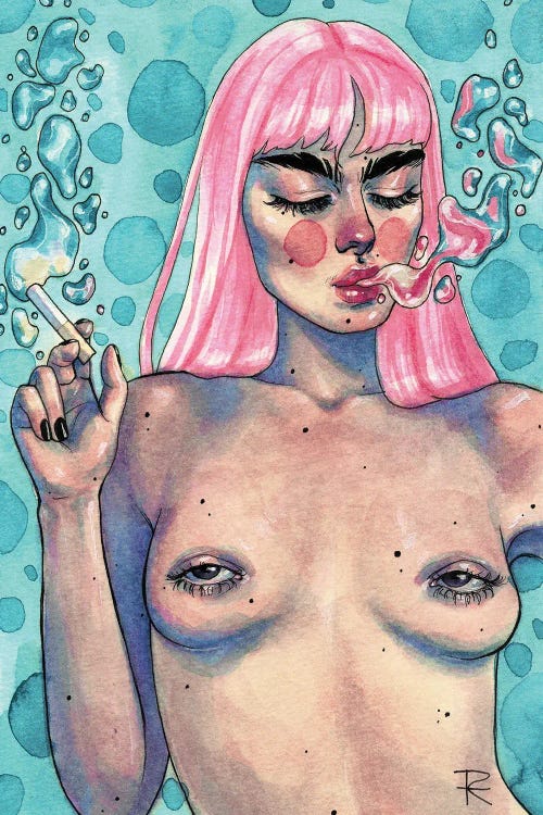 Wall art of topless woman with pink hair and eyes on breasts by new icanvas artist Roselin Estephania