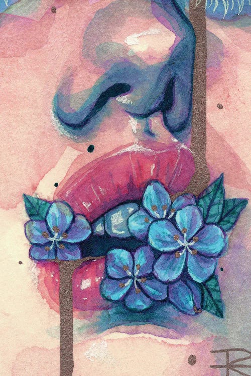 wall art of closeup of a mouth with blue flowers coming out of it by new creator roselin estephania