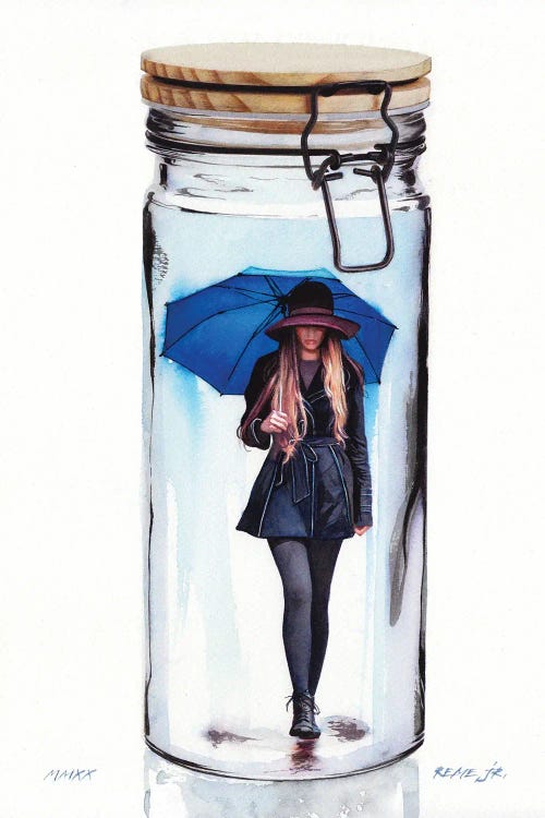 Wall art of woman with blue umbrella inside a jar by new icanvas creator REME Jr