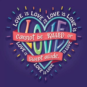 LGBTQ art with Lin-Manuel Miranda's "Love is Love" speech in rainbow heart by icanvas artist Risa Rodil