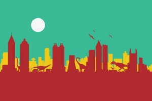 Atlanta art of red and yellow skyline with dinosaurs by icanvas artist SKYWORLDPROJECT