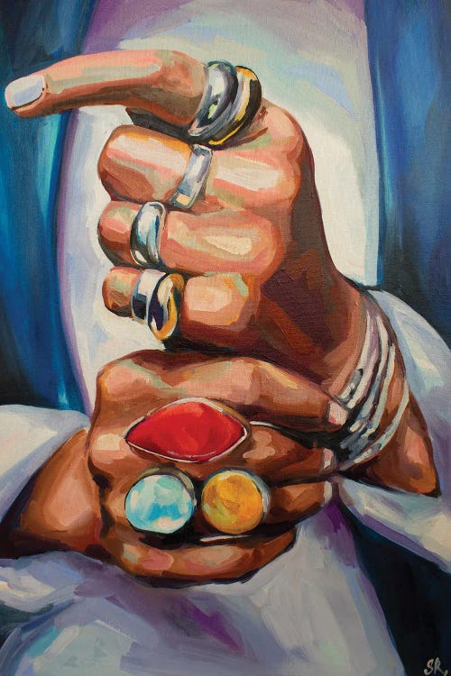 Andy Warhol inspired art of hands wearing colorful rings by icanvas artist Sasha Robinson