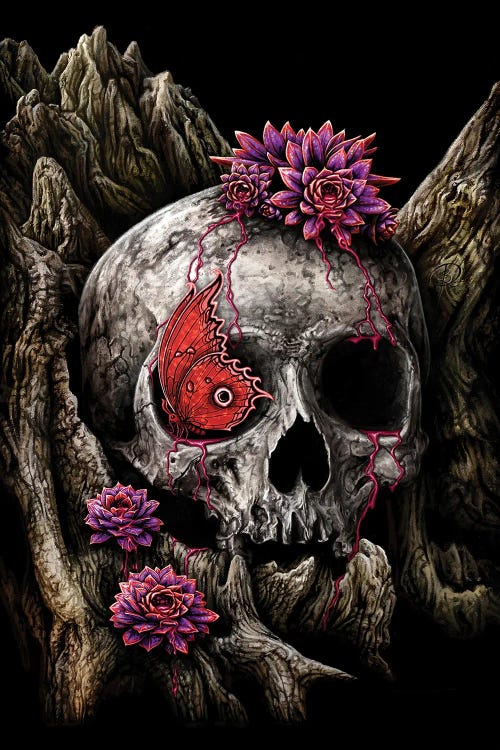 Fantasy art of a skull with purple flowers and butterfly by new icanvas creator sarah richter