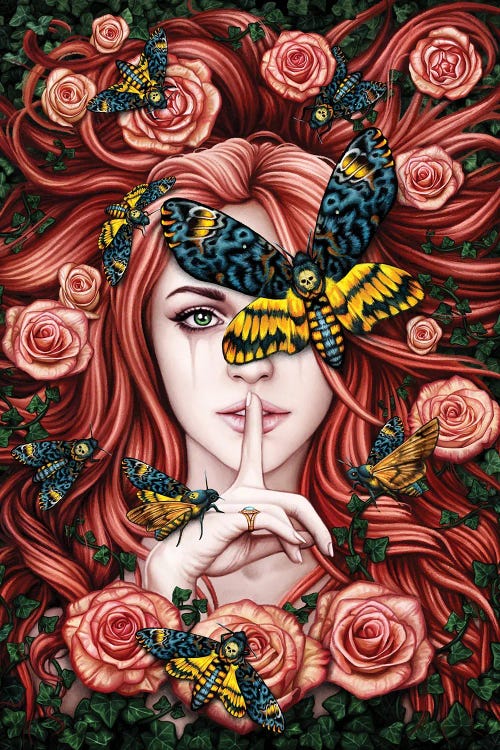 Fantasy art of red head woman with finger to lips surrounded by bugs and flowers by new creator Sarah Richter 