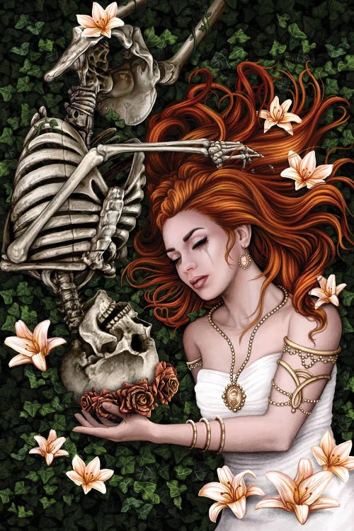 Fantasy art of red haired woman intertwined with skeleton by new icanvas artist Sarah Richter