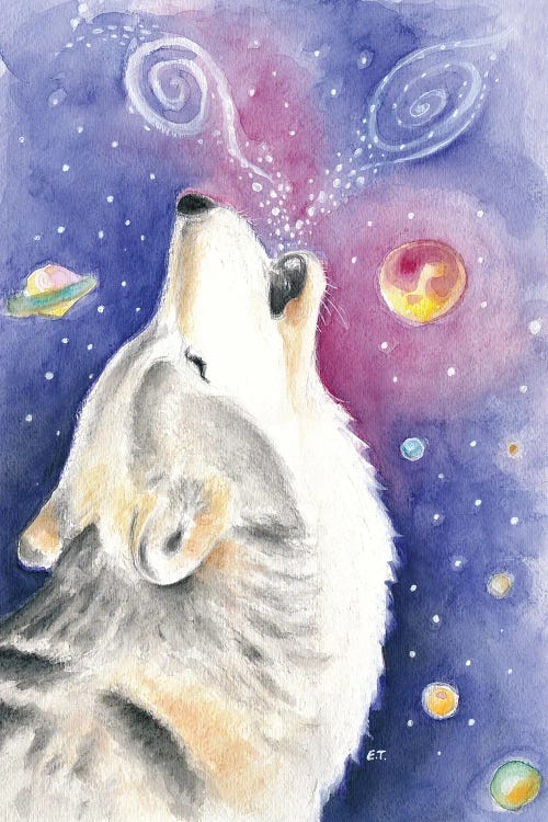 Wall art of wold howling at the cosmos by new icanvas creator Seven Sirens Studio