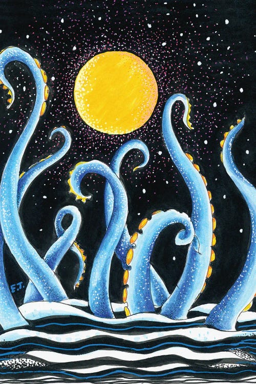 Wall art of blue octopus tentacles emerging from water below moon and sun by new creator Seven Sirens Studios