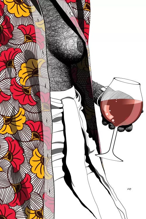 Andy Warhol inspired art of womans breast exposed through floral shirt holding wine glass by Ohab TBJ