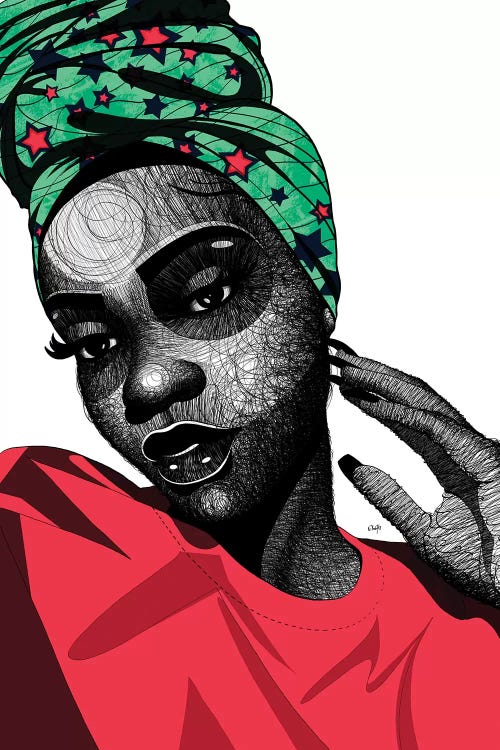 Andy Warhol artist inspiration of Black woman with red shirt and starry head wrap by icanvas artist Ohab TBJ