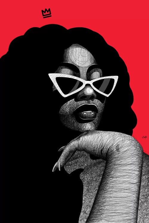 Black and white portrait of black woman with white sunglasses against red background by icanvas artist Ohab TBJ