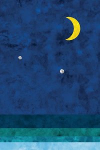 Moon art of yellow crescent moon against blue ombre background by icanvas artist Van Credit