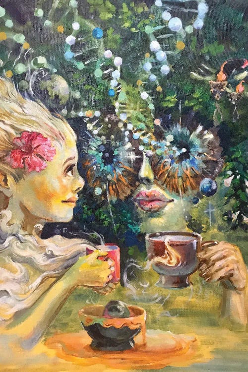 Lowbrow art of blonde girl talking to otherworldly being over tea by Zoya Koinash