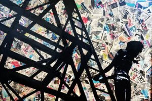 Street art of black silhouette of person climbing transmission tower against newspaper collage by iCanvas artist Annie Terrazzo