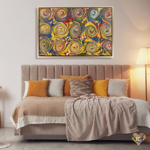 Framed abstract art of yellow, blue, green and red paint swirls mounted above bed by icanvas artist English School