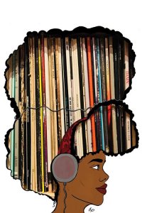 vinyl wall art of black woman with headphone on and records in afro by icanvas artist bri pippens