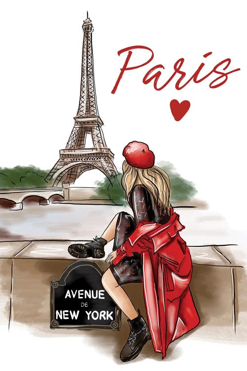 fashion illustration of a blonde woman sitting in front of Eiffel Tower in red jacket and hat by new icanvas creator criss rosu 