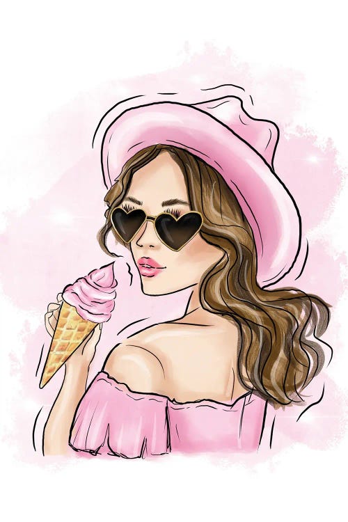 fashion illustration of brunette in pink with heart sunglasses eating ice cream by new creator Criss Rosu